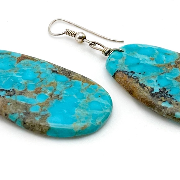 Natural Hand crafted Medium-blue Turquoise Slab Earring on Sterling French Wire - Picture 3 of 5